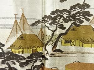 アンティーク　家屋風景模様織り出し緞子肩裏　紋付羽二重男物羽織